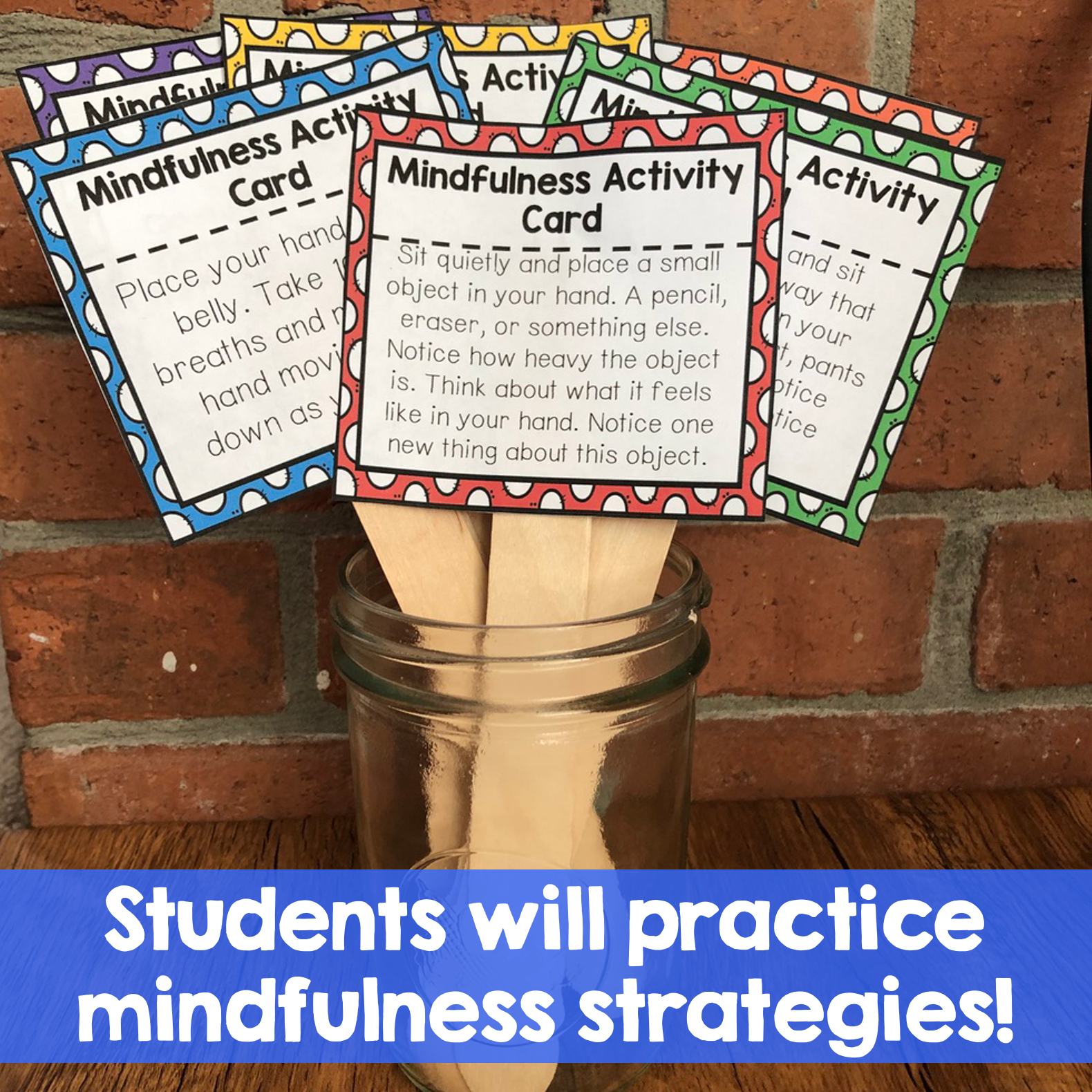 Mindfulness activity cards in a jar with text about practicing mindfulness strategies.