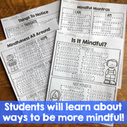Mindfulness worksheets on a wooden surface with text overlay.