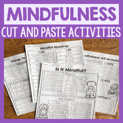 Mindfulness cut and paste activities on a wooden surface with a purple border and text.