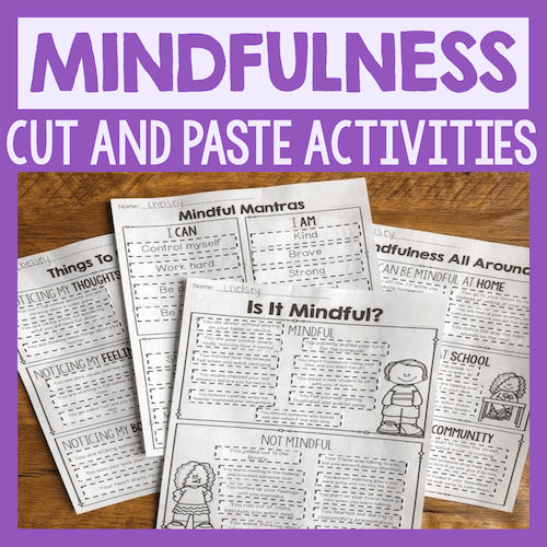 Mindfulness cut and paste activities on a wooden surface with a purple border and text.