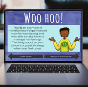 Laptop screen displaying a mindfulness exercise with text and an illustration of a person in a yellow shirt.