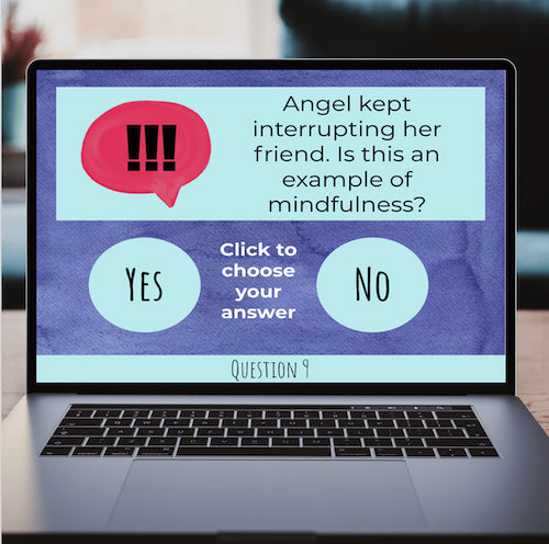 Laptop screen displaying a mindfulness quiz question with options 'Yes' and 'No'.