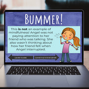 Laptop screen displaying an educational lesson about mindfulness with a character and text.