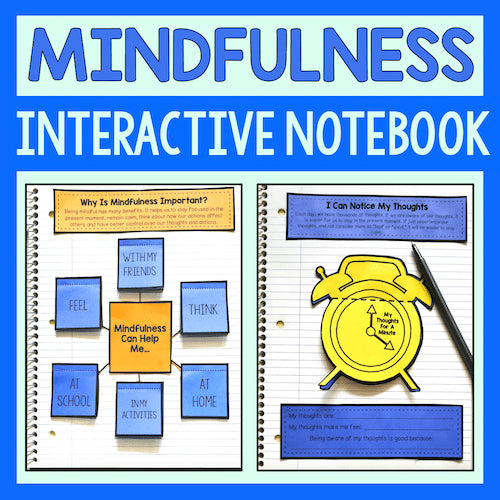 Mindfulness Interactive Notebook with colorful pages and a pencil on a blue background