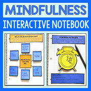 Mindfulness Interactive Notebook with colorful pages and a pencil on a blue background
