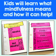Educational materials on mindfulness for children with colorful pages and text.