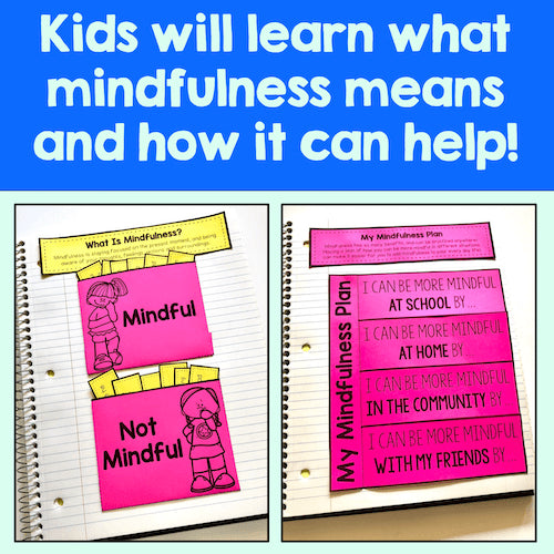 Educational materials on mindfulness for children with colorful pages and text.