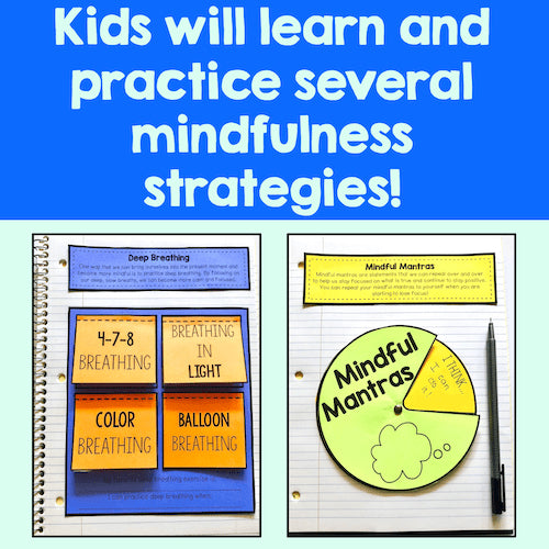 Educational materials for mindfulness strategies with colorful cards and a notebook on a blue background.