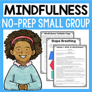 Mindfulness educational materials with a child illustration and text on a blue background