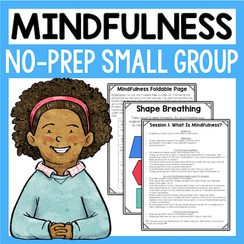 Mindfulness educational materials with a child illustration and text on a blue background