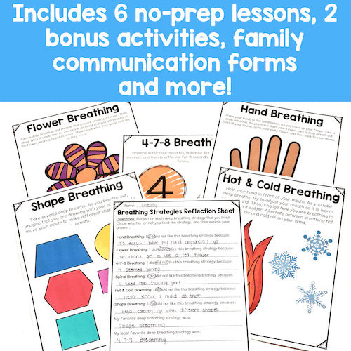Educational materials with breathing strategies and forms on a white background