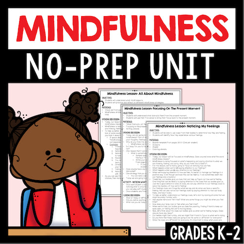 Mindfulness no-prep unit for grades K-2 with a cartoon girl and lesson plans.