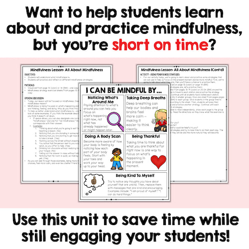 Mindfulness lesson plan with text on a pink background