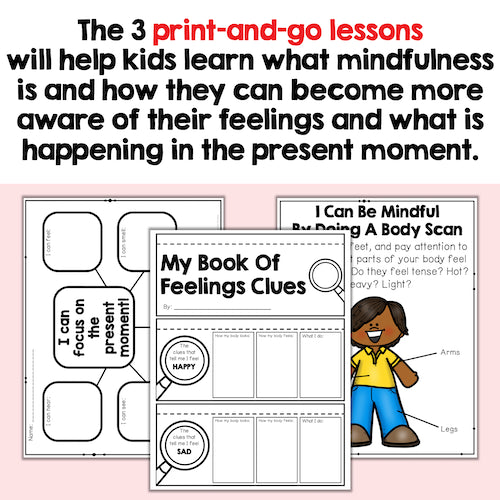 Educational materials for mindfulness and emotional awareness on a pink background