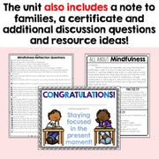Educational materials with mindfulness reflection questions, a certificate, and additional discussion questions on a pink background.
