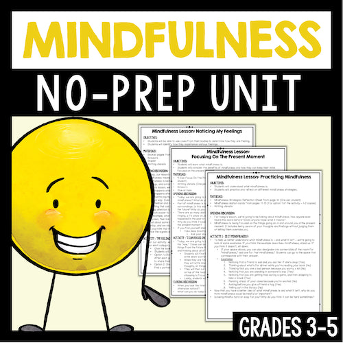Mindfulness no-prep unit cover with a smiley face and lesson plans, grades 3-5.