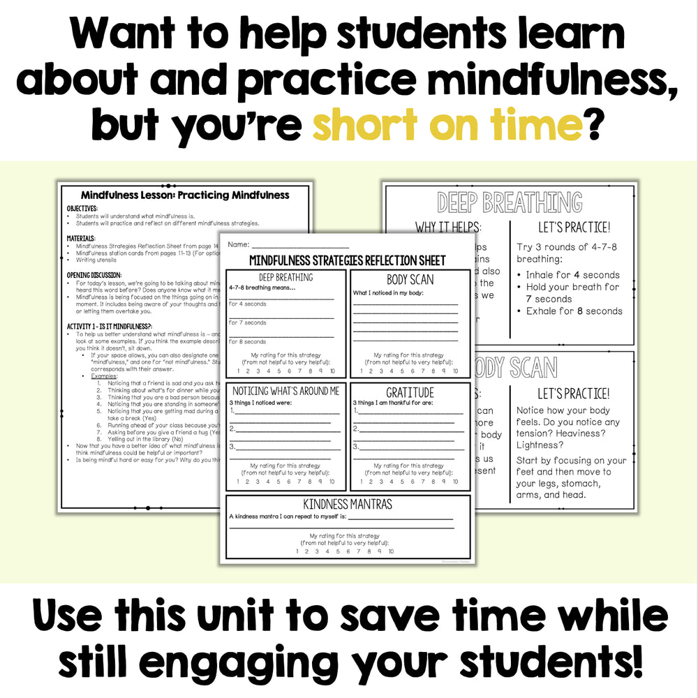 Mindfulness lesson plan with worksheets on a white background