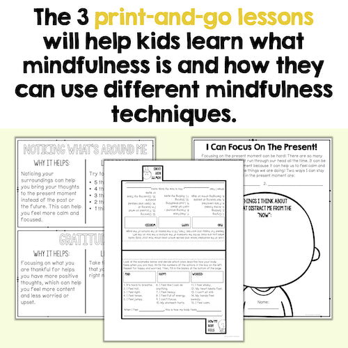 Printable mindfulness worksheets for kids on a white background
