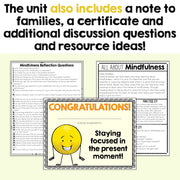 Educational materials with mindfulness reflection questions, a certificate, and discussion questions on a yellow background.