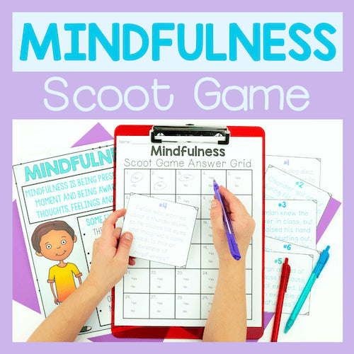 Mindfulness Scoot Game with answer grid and pens on a purple background