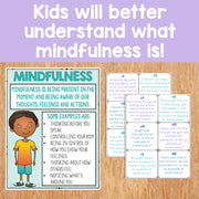 Mindfulness educational materials for children on a wooden surface with a purple background.