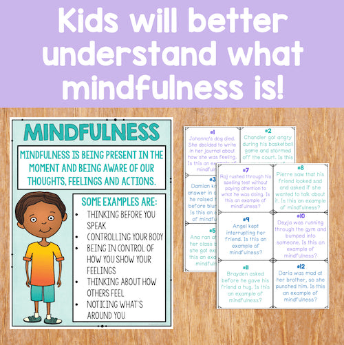 Mindfulness educational materials for children on a wooden surface with a purple background.