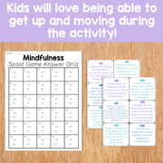 Mindfulness Scoot game answer grid and cards on a wooden surface with text about kids loving movement during activities.