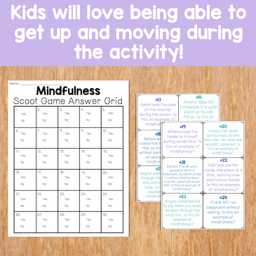 Mindfulness Scoot game answer grid and cards on a wooden surface with text about kids loving movement during activities.
