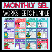 Monthly SEL Worksheets Bundle with colorful headers for each month.
