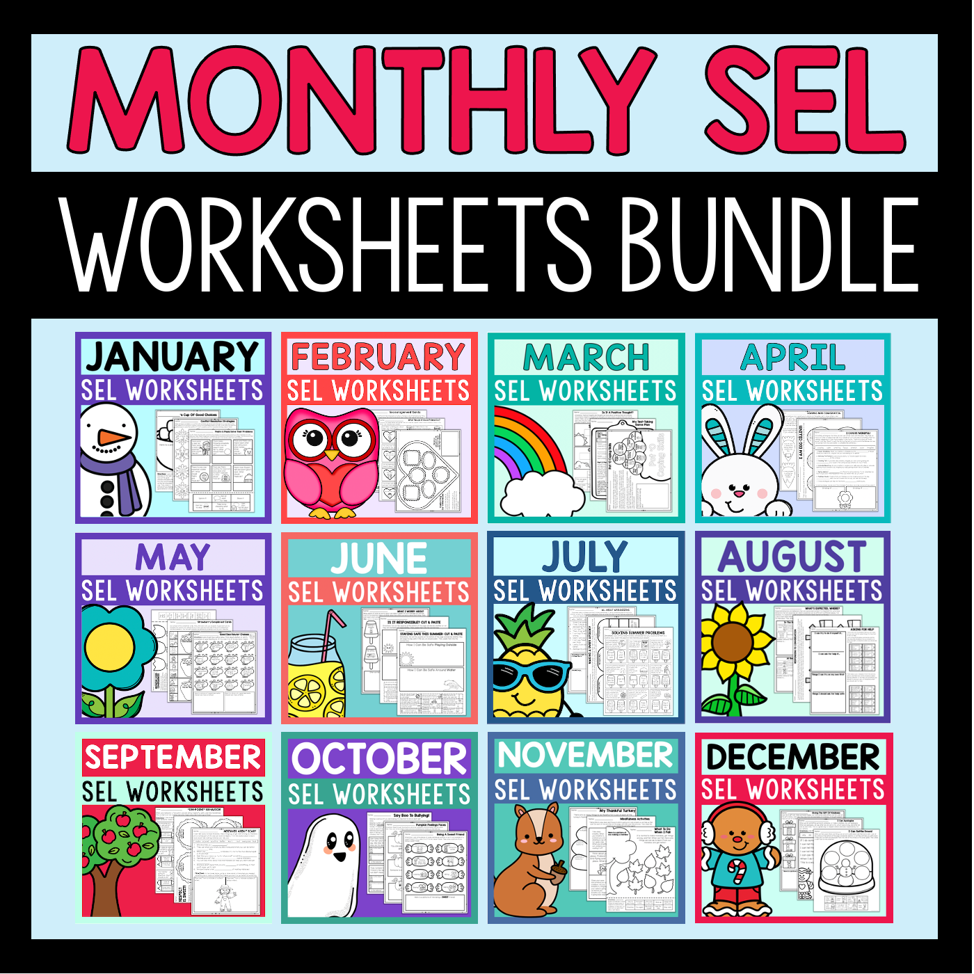 Monthly SEL Worksheets Bundle with colorful headers for each month.