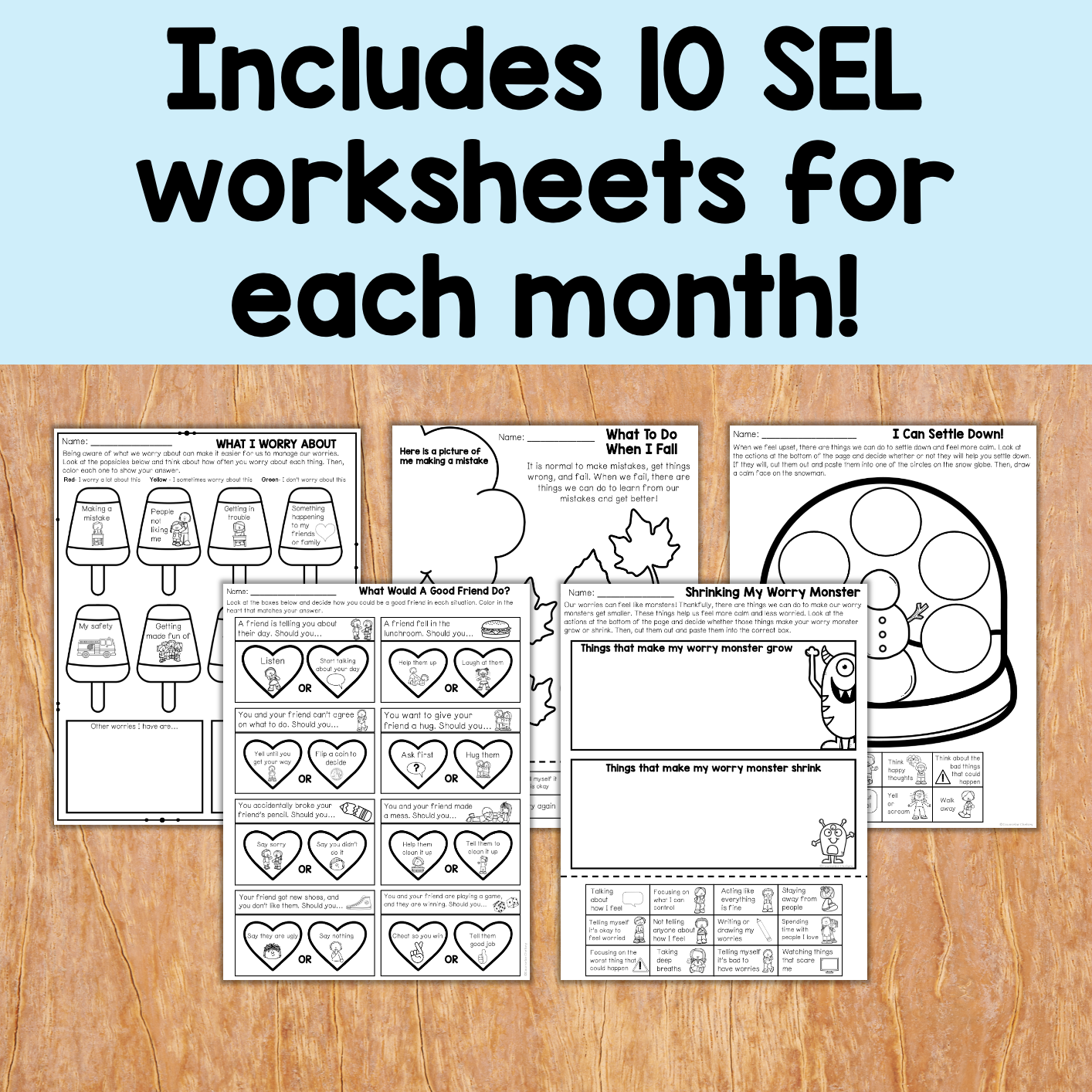 SEL worksheets for each month on a wooden surface with text overlay.