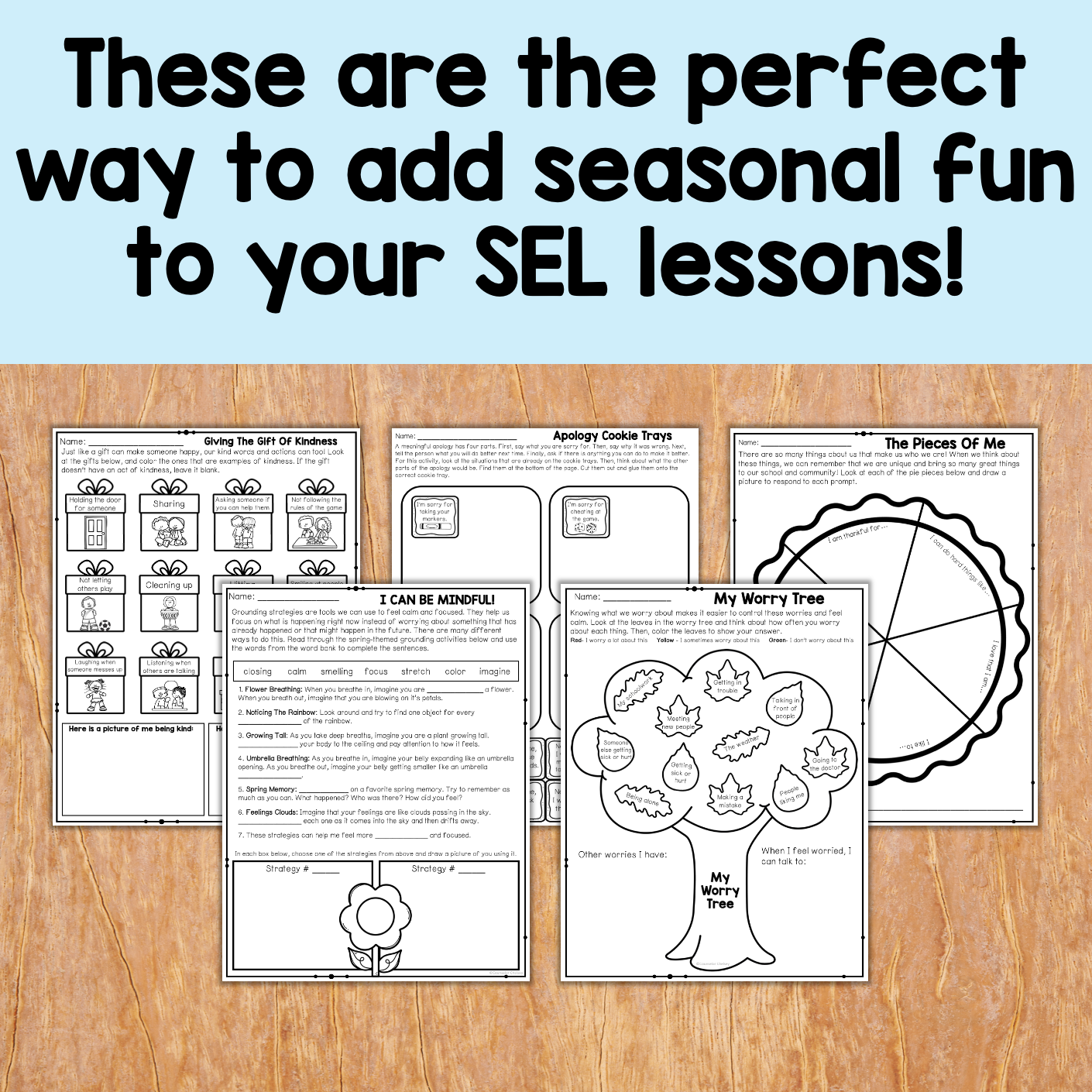 Educational materials for SEL lessons on a wooden surface with text overlay.
