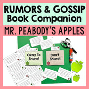 Educational materials for 'Mr. Peabody's Apples' book companion with text and apple graphics on a pink background.
