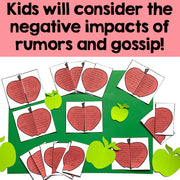 Educational material with red apples and green leaves on a pink and green background, teaching about rumors and gossip.