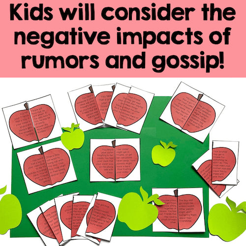 Educational material with red apples and green leaves on a pink and green background, teaching about rumors and gossip.