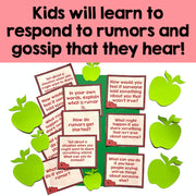Educational materials with text about responding to rumors and gossip, surrounded by green apples on a pink background.