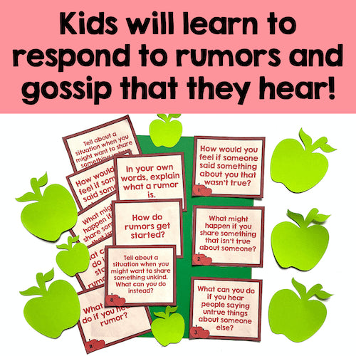 Educational materials with text about responding to rumors and gossip, surrounded by green apples on a pink background.