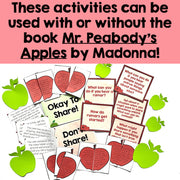 Educational materials with apple graphics and text on a pink background