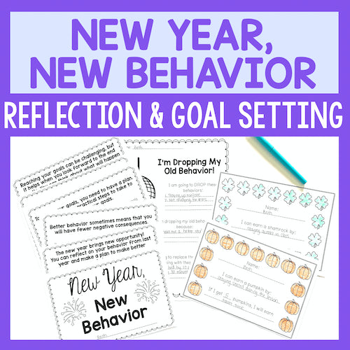 Educational materials for New Year's reflection and goal setting with text and graphics on a purple background.