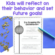 Worksheet titled 'I'm Dropping My Old Behavior!' with a pen and decorative stars on a blue background.