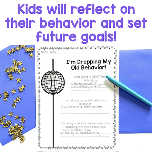 Worksheet titled 'I'm Dropping My Old Behavior!' with a pen and decorative stars on a blue background.