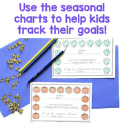 Two educational charts with pumpkins and shamrocks, pencils, and stars on a blue background.