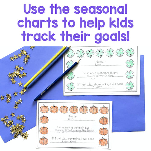 Two educational charts with pumpkins and shamrocks, pencils, and stars on a blue background.