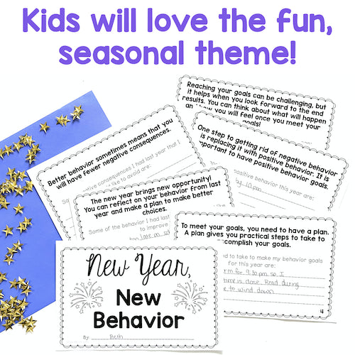 Educational materials with text on a white background, featuring stars and a blue border.