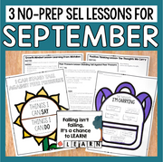 Promotional graphic for three no-prep SEL lessons for September, showing several printable lesson sheets and cover cards on a wood background with a teal header reading '3 NO-PREP SEL LESSONS FOR SEPTEMBER'.