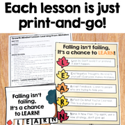 Print-and-go educational lesson cards about overcoming mistakes, shown on a light wood background with a large headline reading 'Each lesson is just print-and-go!'. The cards feature motivational text and a colorful 'LEARN' word puzzle with autumn leaves and a tree icon.