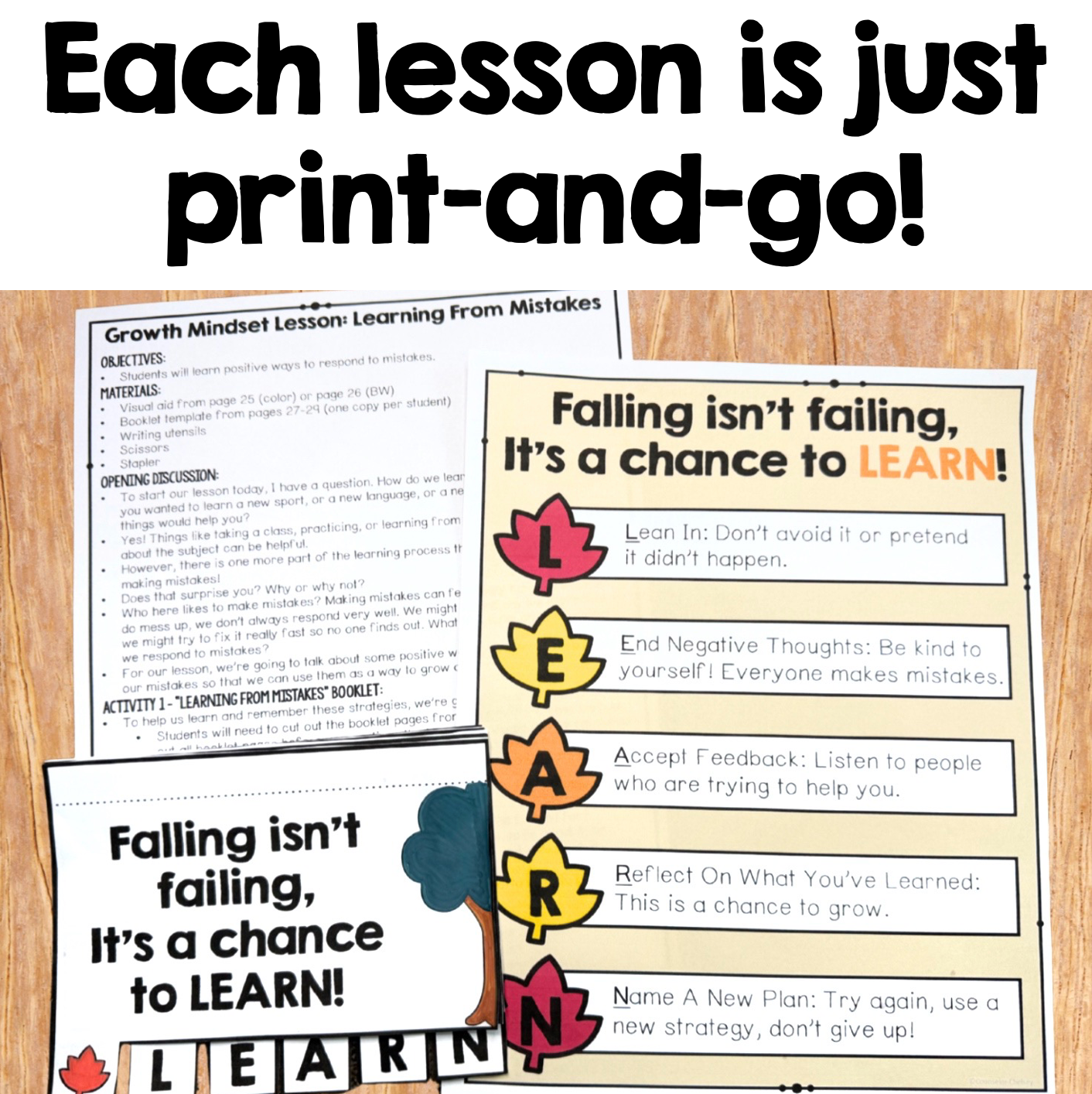 Print-and-go educational lesson cards about overcoming mistakes, shown on a light wood background with a large headline reading 'Each lesson is just print-and-go!'. The cards feature motivational text and a colorful 'LEARN' word puzzle with autumn leaves and a tree icon.