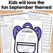 A promotional graphic for September-themed printable activities, featuring the headline 'Kids will love the fun September themes!' over two sample worksheet/game pages. The pages show printable content including a purple thought-bubble card tracker titled 'The Thoughts I'm Carrying' and other lesson/activity sheets.