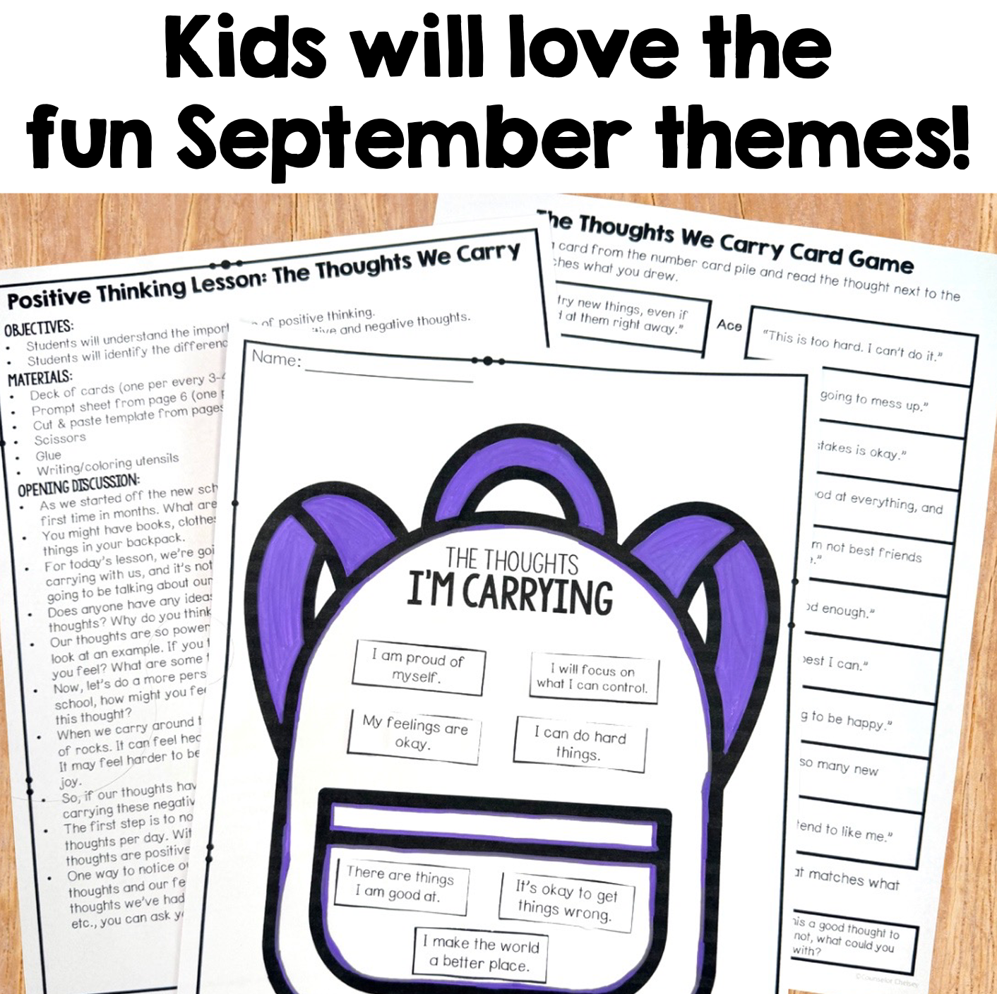 A promotional graphic for September-themed printable activities, featuring the headline 'Kids will love the fun September themes!' over two sample worksheet/game pages. The pages show printable content including a purple thought-bubble card tracker titled 'The Thoughts I'm Carrying' and other lesson/activity sheets.
