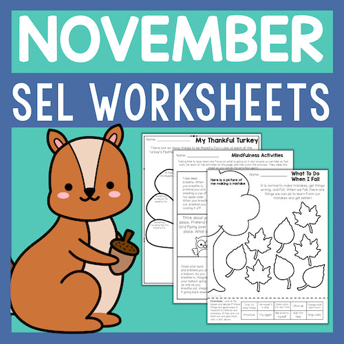 November SEL worksheets with a cartoon squirrel holding an acorn on a teal background